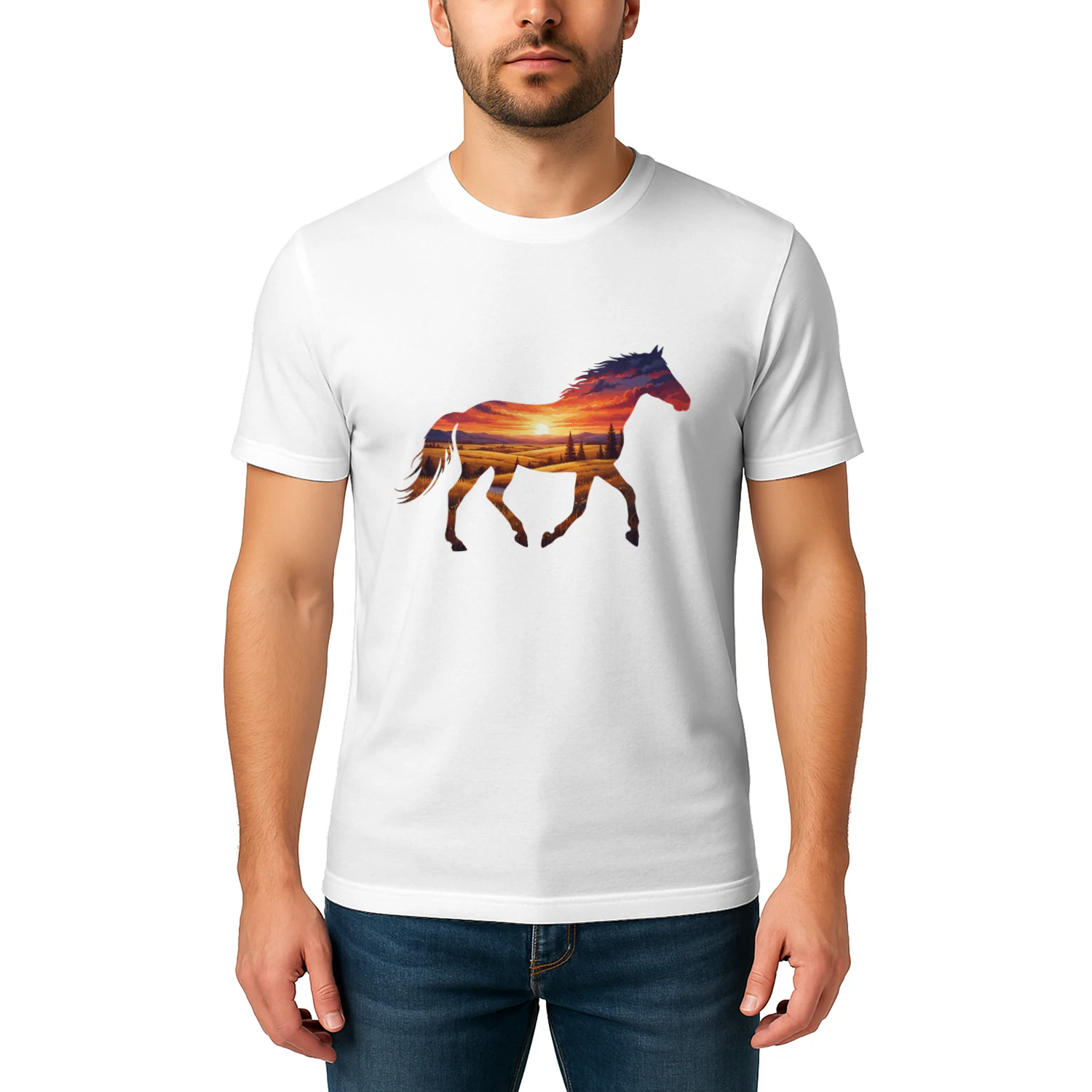 Majestic Horse Silhouette Countryside Sunset Fields Double Exposure Graphic