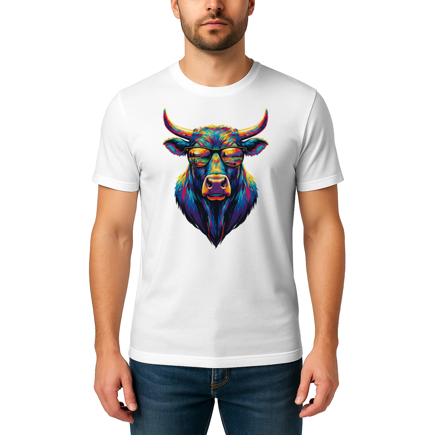 Cool Colorful Bull Wearing Black Sunglasses Pop Art Retro Bull Head Graphic