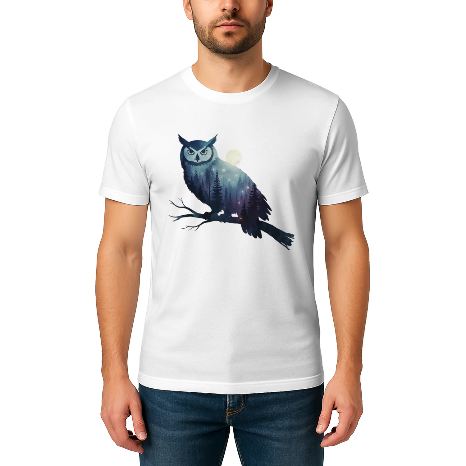 Majestic Owl Silhouette Night Forest Full Moon Double Exposure Graphic