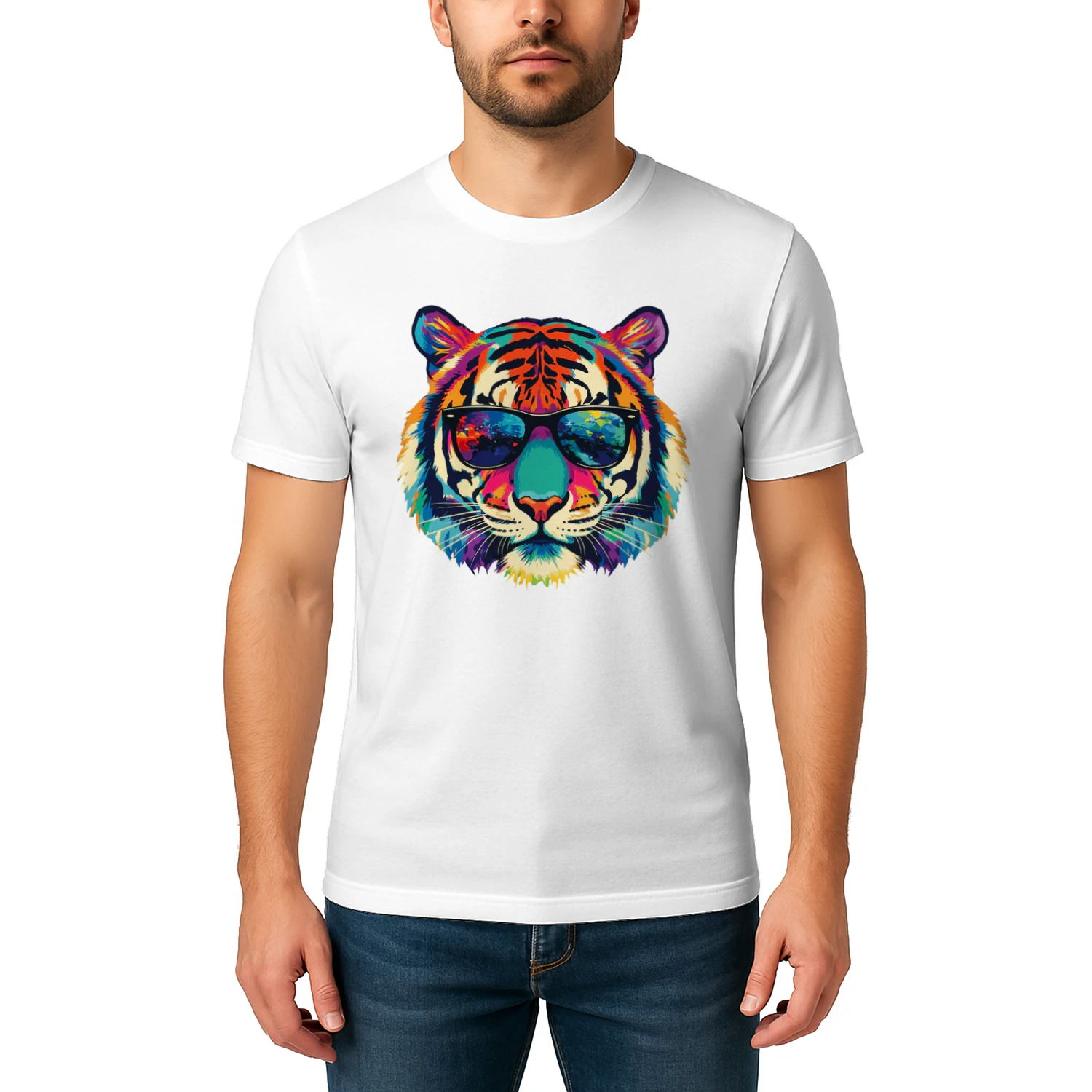 Cool Colorful Tiger Wearing Black Sunglasses Pop Art Retro Tiger Head Graphic