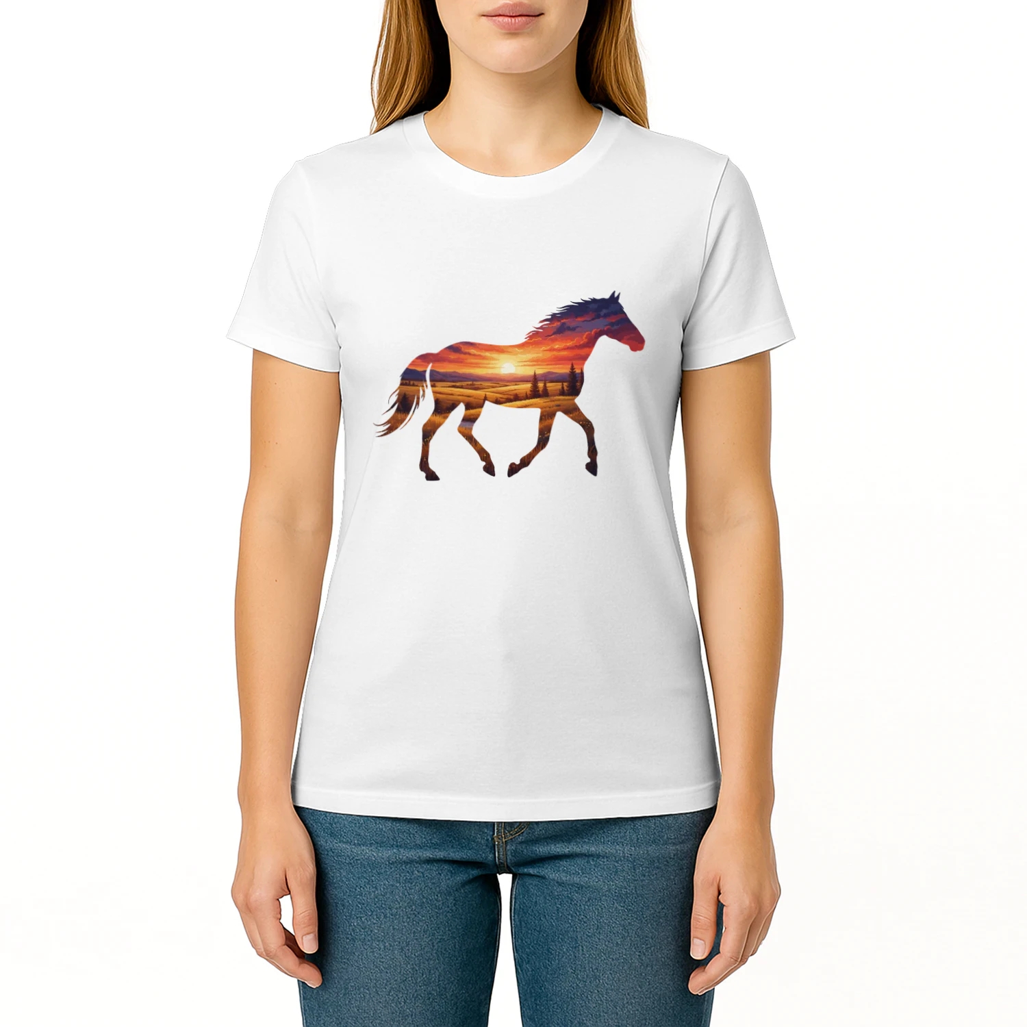 Majestic Horse Silhouette Countryside Sunset Fields Double Exposure Graphic