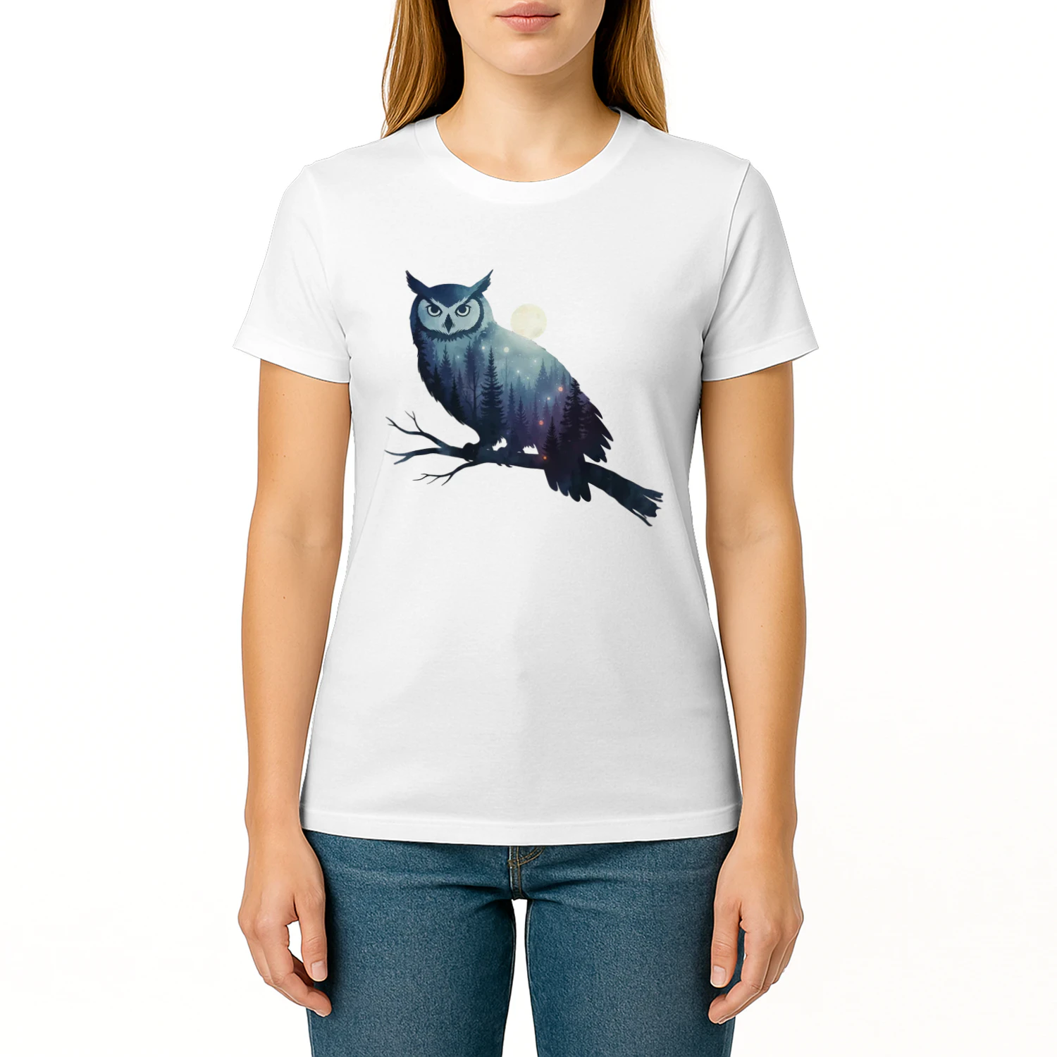Majestic Owl Silhouette Night Forest Full Moon Double Exposure Graphic