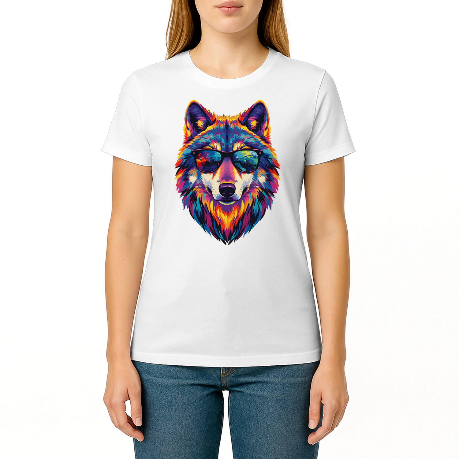 Cool Colorful Wolf Wearing Black Sunglasses Pop Art Retro Wolf Head Graphic