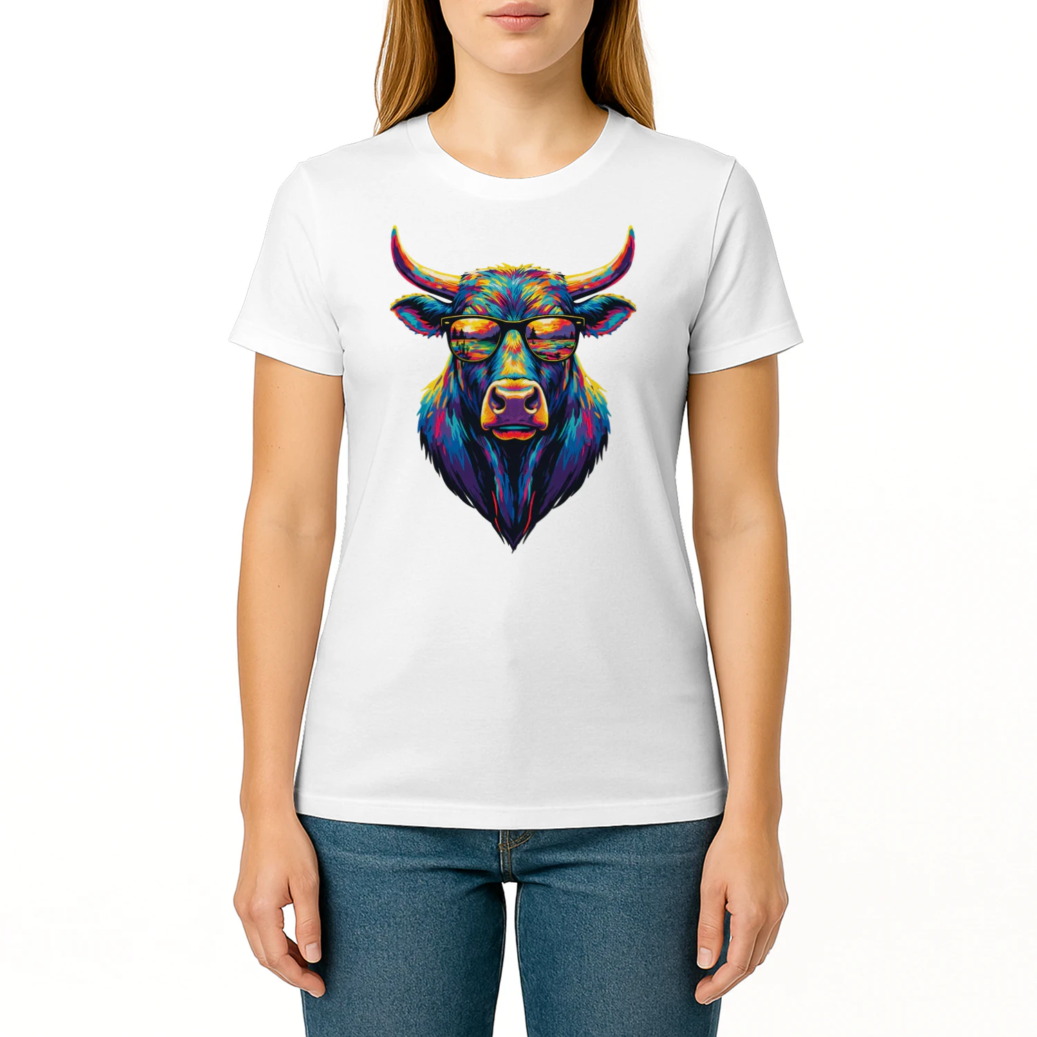 Cool Colorful Bull Wearing Black Sunglasses Pop Art Retro Bull Head Graphic