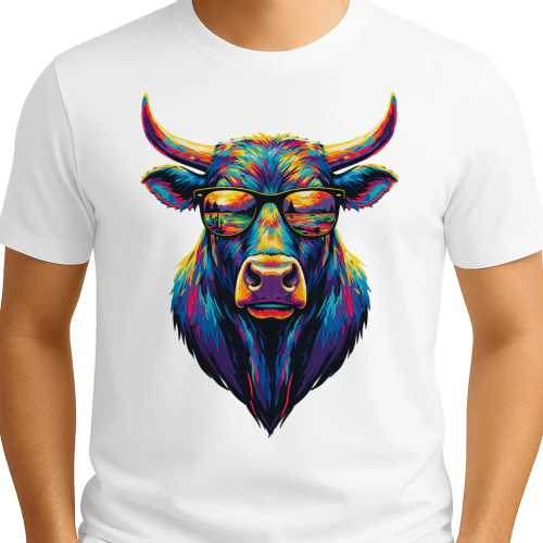 Cool Colorful Bull Wearing Black Sunglasses Pop Art Retro Bull Head Graphic
