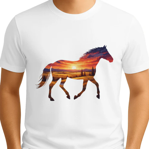 Majestic Horse Silhouette Countryside Sunset Fields Double Exposure Graphic