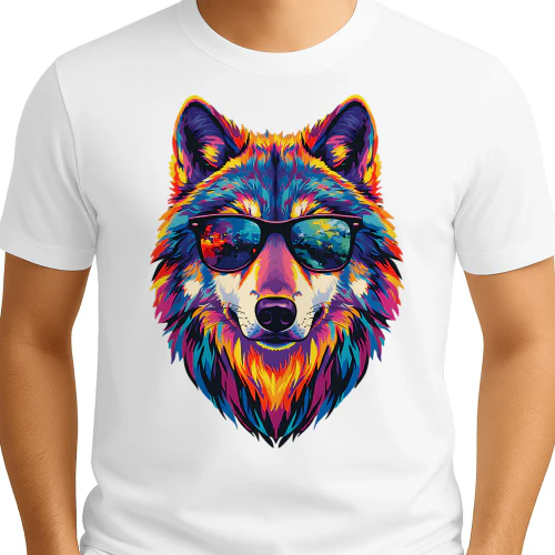 Cool Colorful Wolf Wearing Black Sunglasses Pop Art Retro Wolf Head Graphic