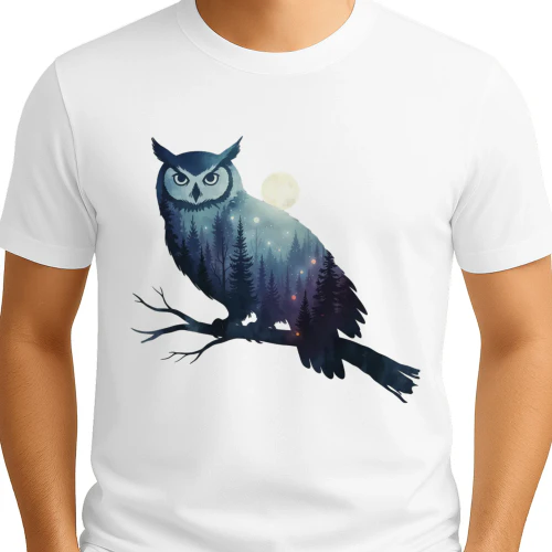 Majestic Owl Silhouette Night Forest Full Moon Double Exposure Graphic