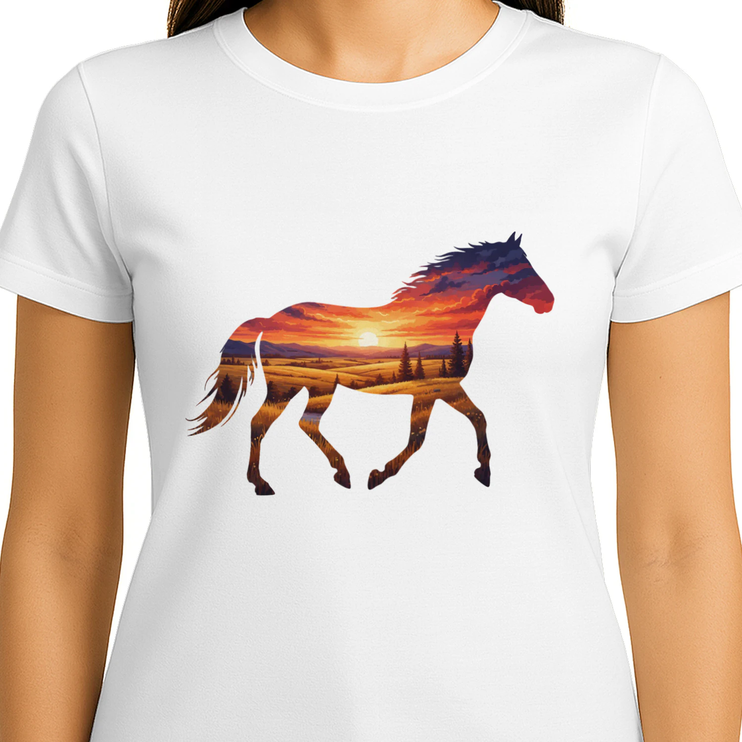 Majestic Horse Silhouette Countryside Sunset Fields Double Exposure Graphic