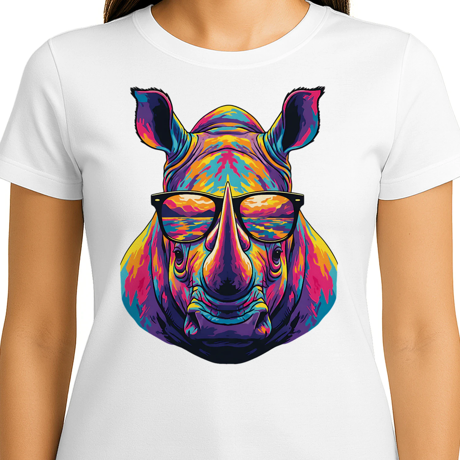 Cool Colorful Rhino Wearing Black Sunglasses Pop Art Retro Rhinoceros Graphic