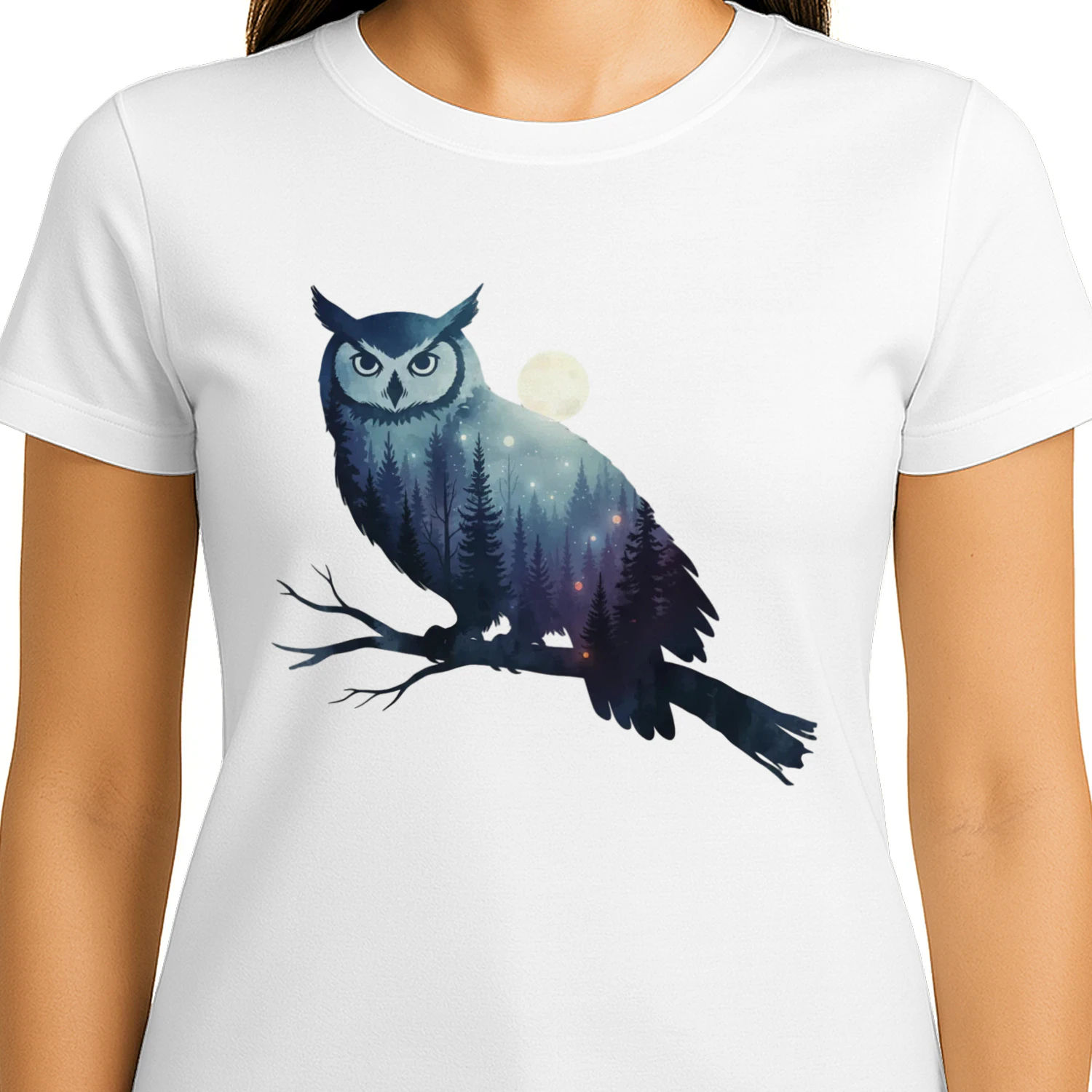 Majestic Owl Silhouette Night Forest Full Moon Double Exposure Graphic