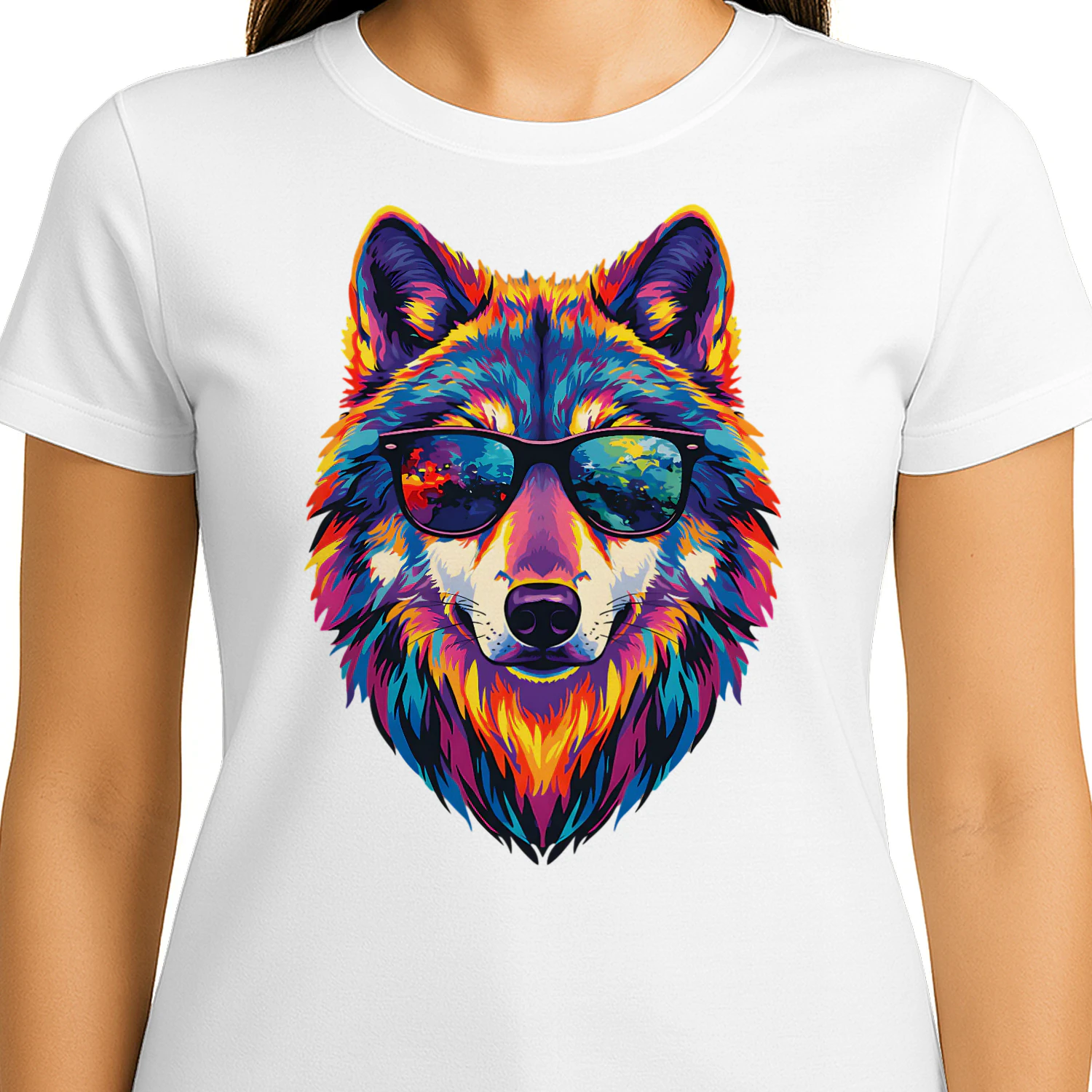 Cool Colorful Wolf Wearing Black Sunglasses Pop Art Retro Wolf Head Graphic