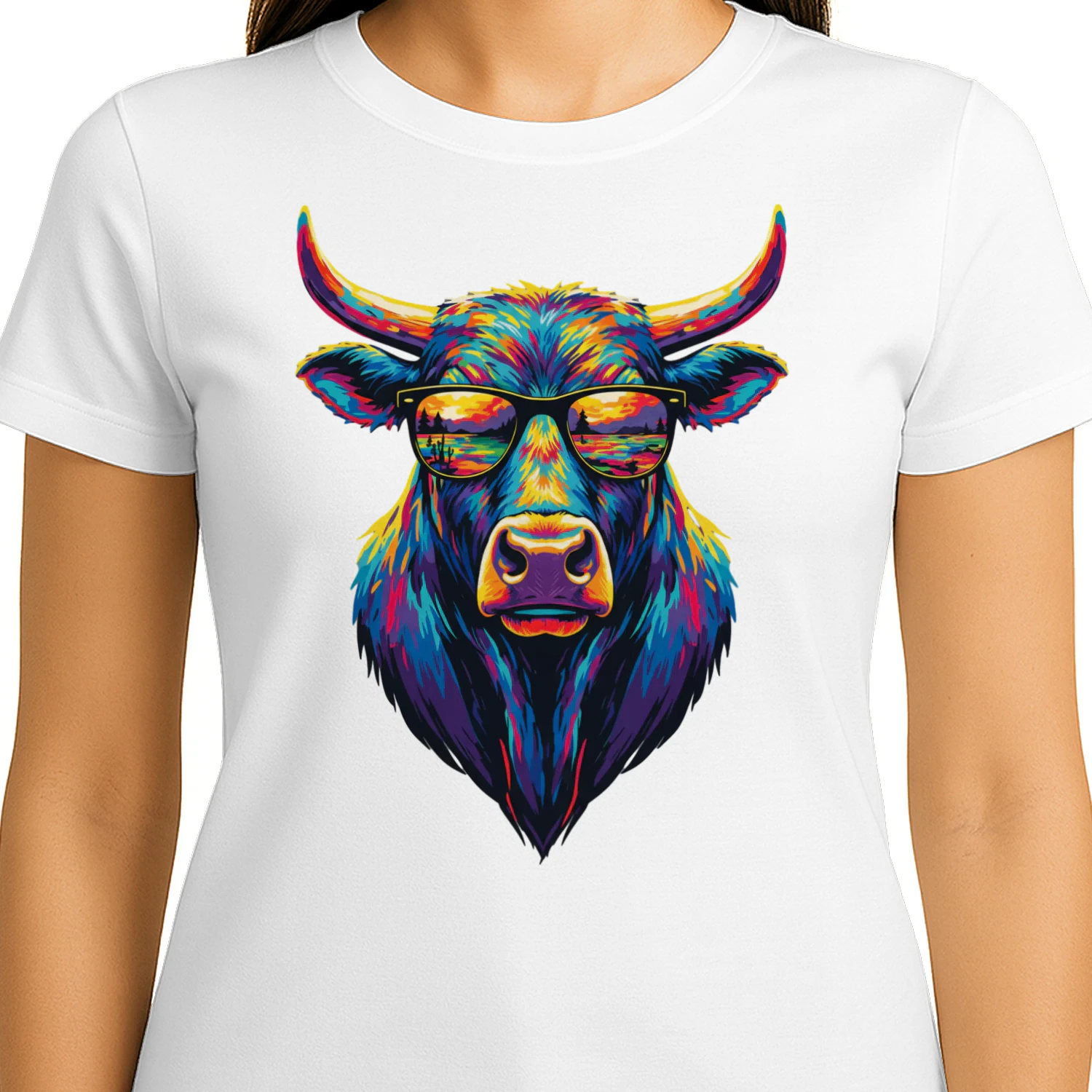 Cool Colorful Bull Wearing Black Sunglasses Pop Art Retro Bull Head Graphic