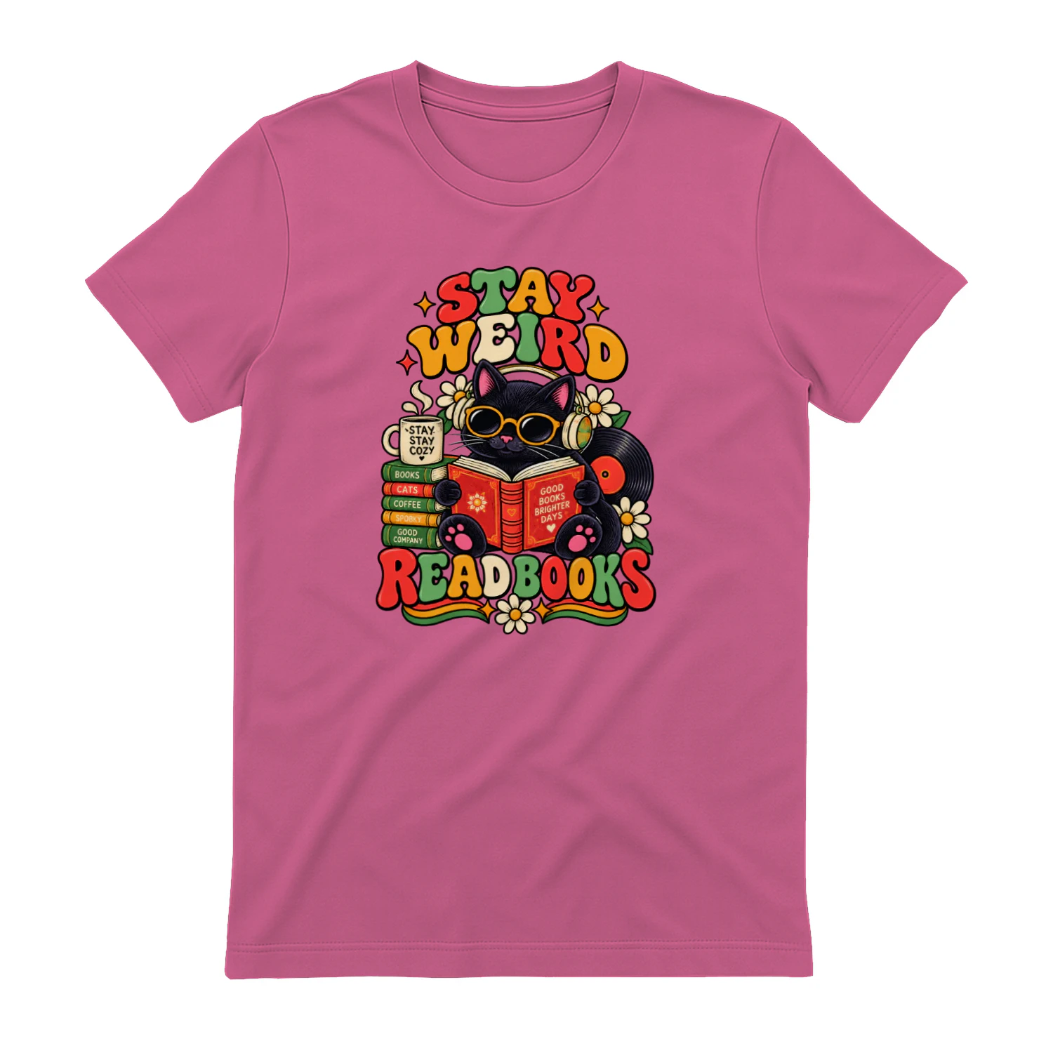 Stay Weird Read Books Shirt – Retro Cat Book Lover Tee