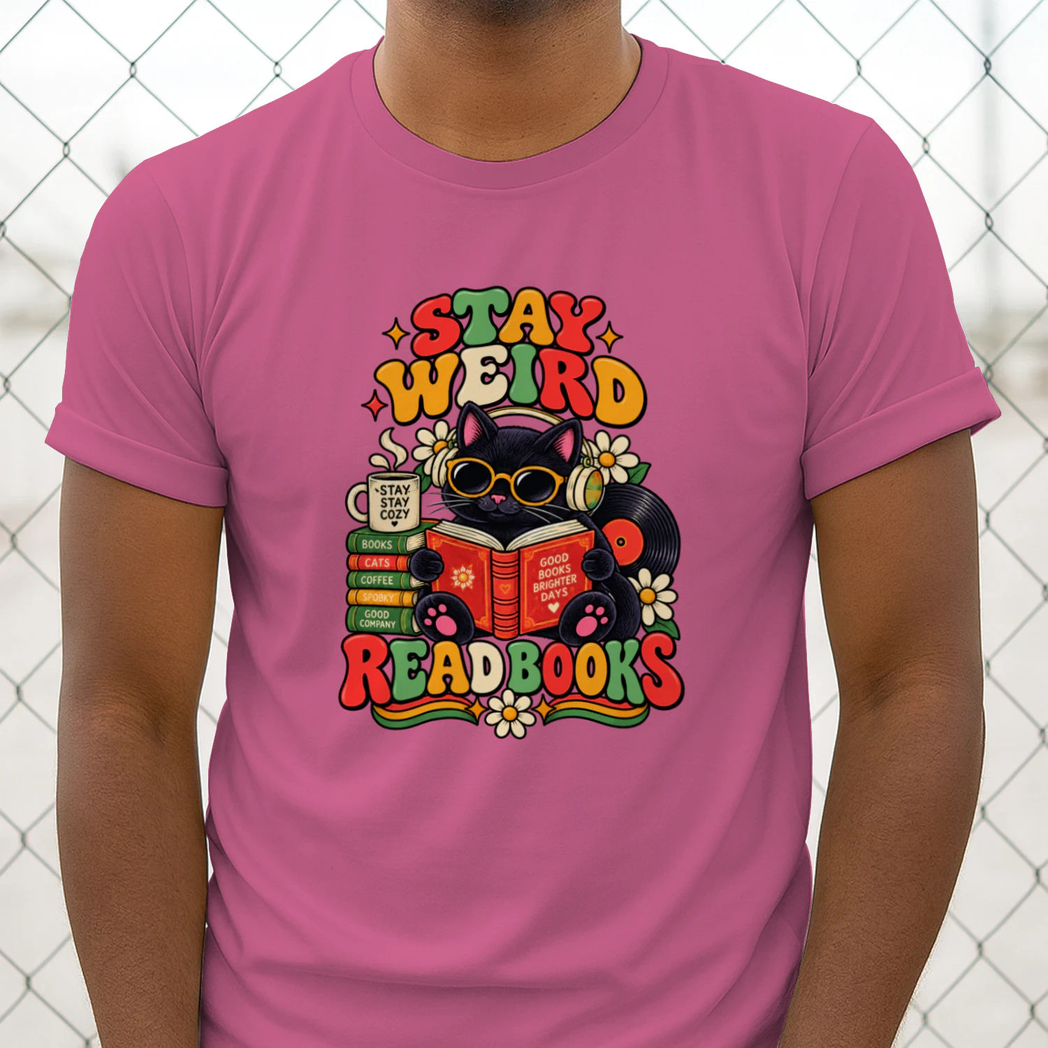 Stay Weird Read Books Shirt – Retro Cat Book Lover Tee