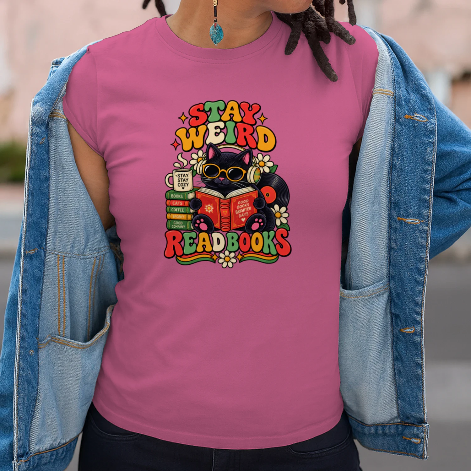 Stay Weird Read Books Shirt – Retro Cat Book Lover Tee