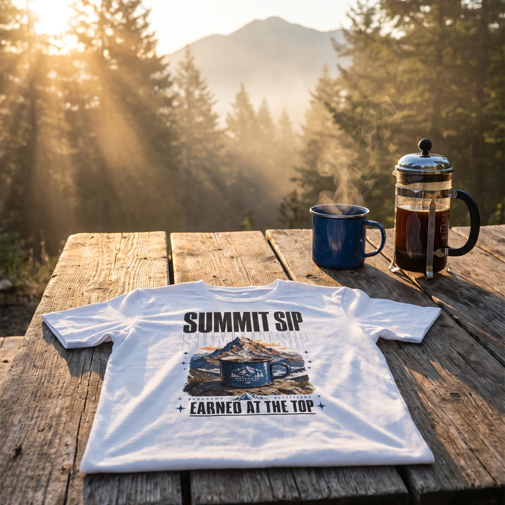 Summit Sip Coffee Mug Graphic Tee | Basecamp Outfitters Mountain Shirt | Earned At The Top Hiking Gift