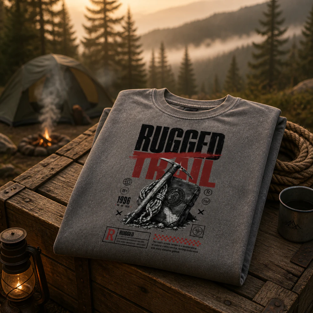 Rugged Trail Graphic Tee | Ice Axe & Lion Emblem Journal Design | Movie Poster Style Outdoor Shirt