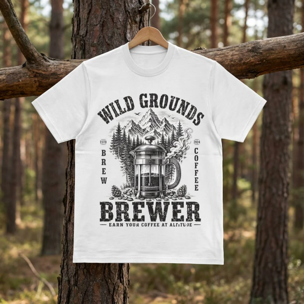 Wild Grounds Brewer T-Shirt Graphic – Vintage Mountain French Press Coffee Design