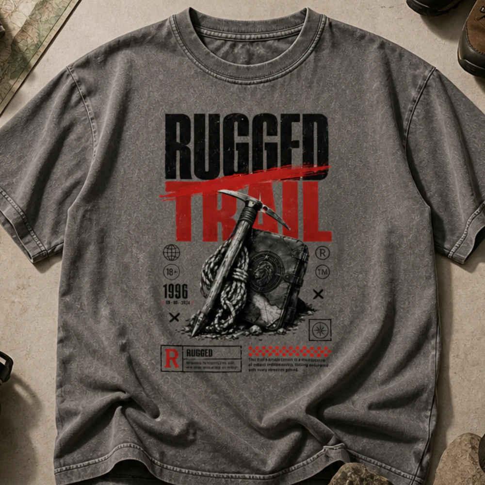 Rugged Trail Graphic Tee | Ice Axe & Lion Emblem Journal Design | Movie Poster Style Outdoor Shirt