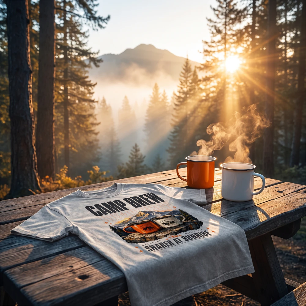 Camp Brew Shared At Sunrise Graphic Tee | Basecamp Outfitters Two Mugs Mountain Shirt