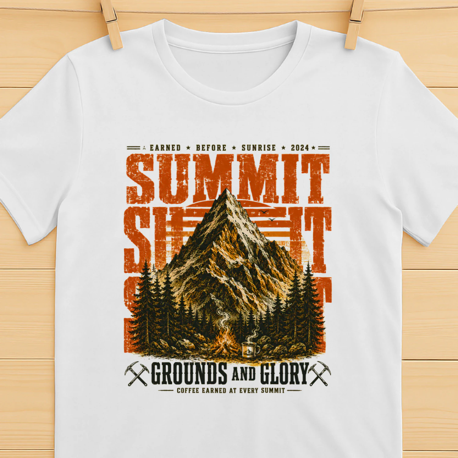 Vintage Summit T-Shirt Graphic – Mountain Campfire Coffee Design