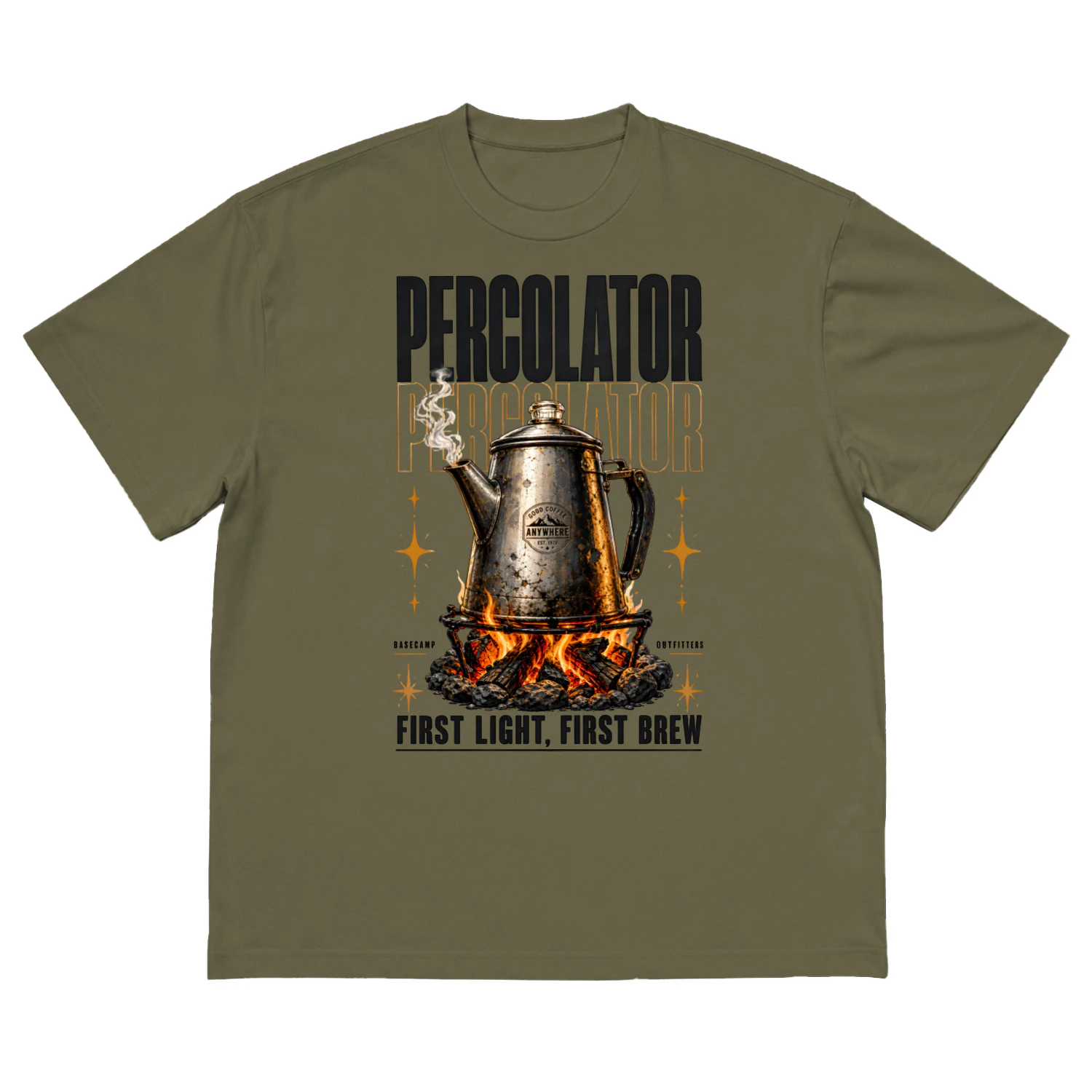 Percolator First Light First Brew Graphic Tee | Basecamp Outfitters Vintage Campfire Coffee Shirt