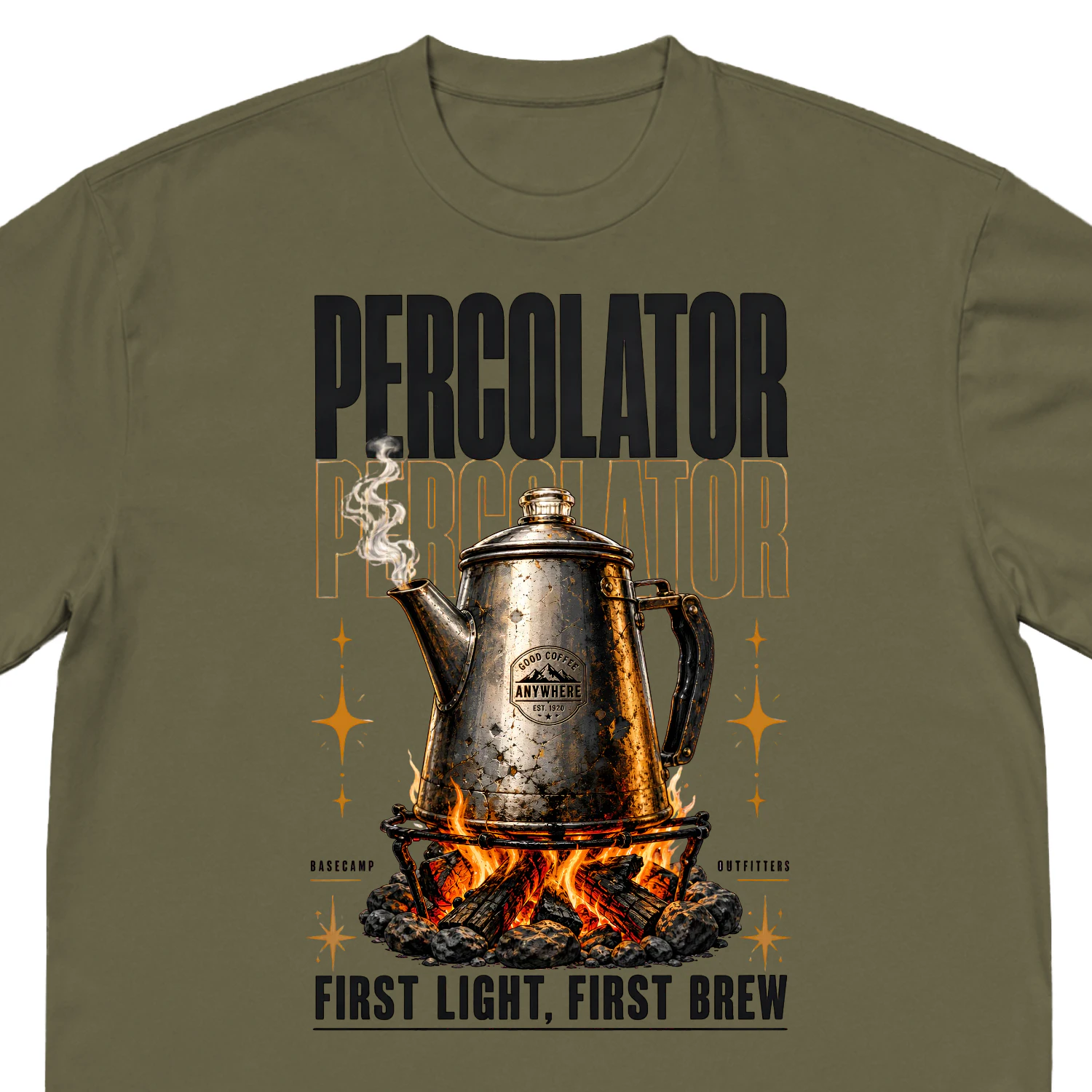 Percolator First Light First Brew Graphic Tee | Basecamp Outfitters Vintage Campfire Coffee Shirt