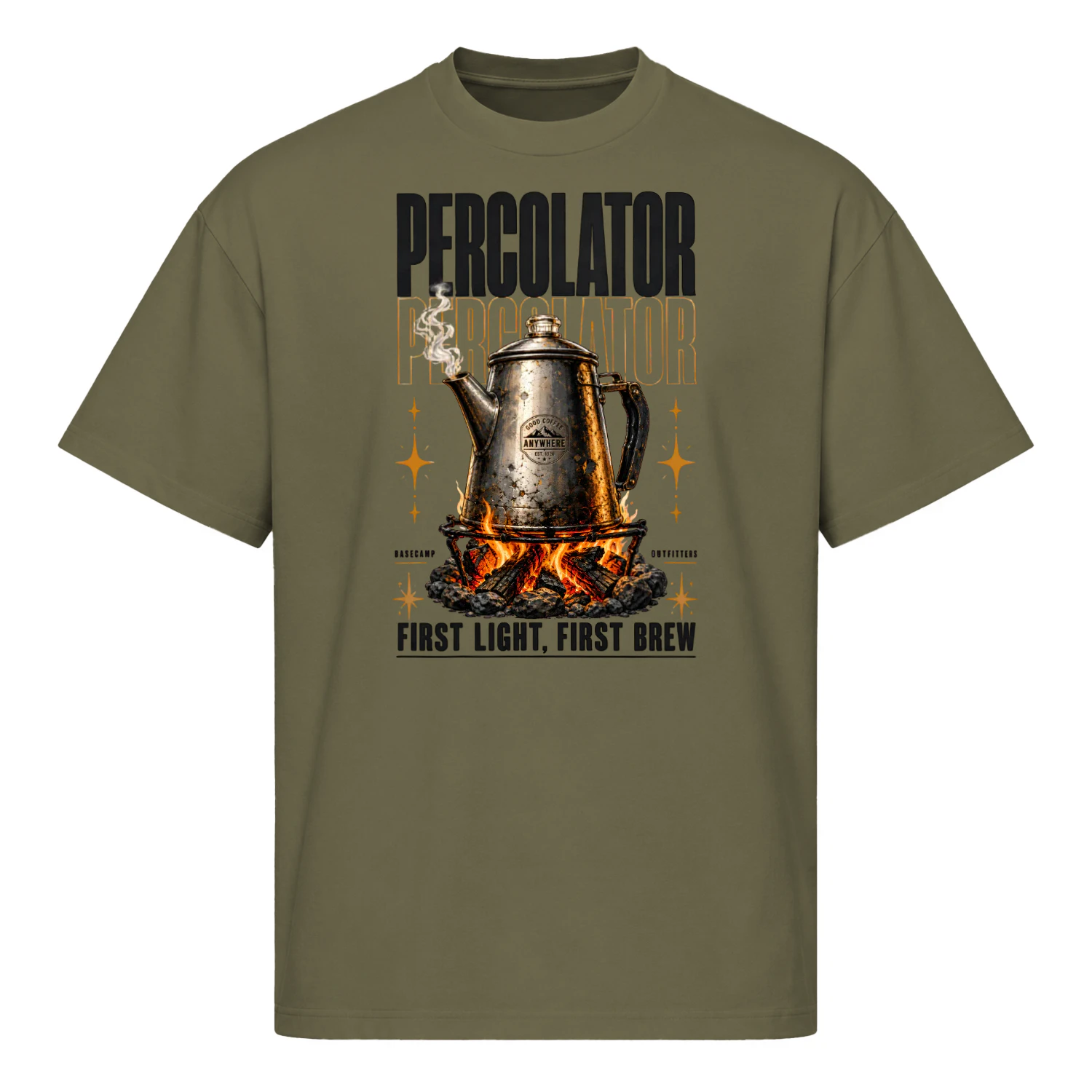Percolator First Light First Brew Graphic Tee | Basecamp Outfitters Vintage Campfire Coffee Shirt