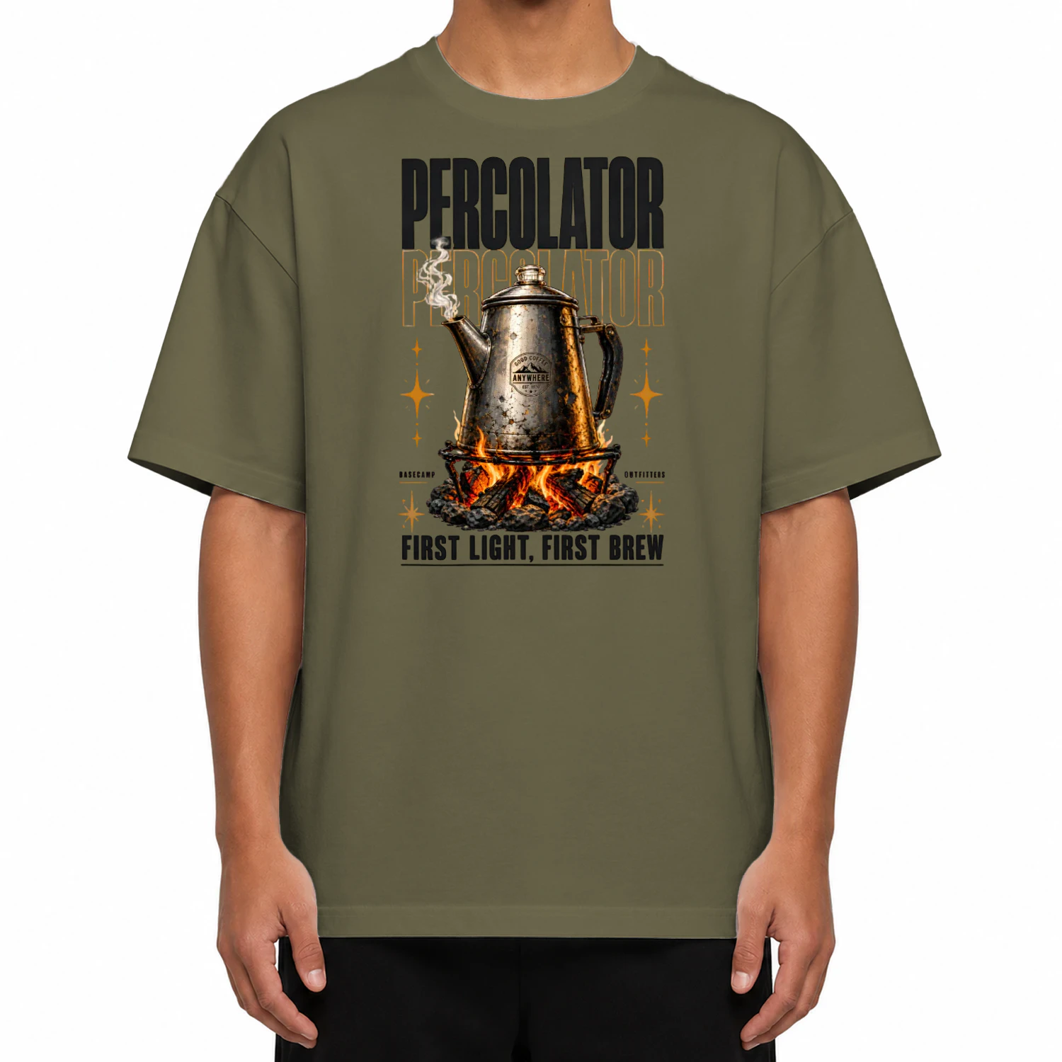 Percolator First Light First Brew Graphic Tee | Basecamp Outfitters Vintage Campfire Coffee Shirt