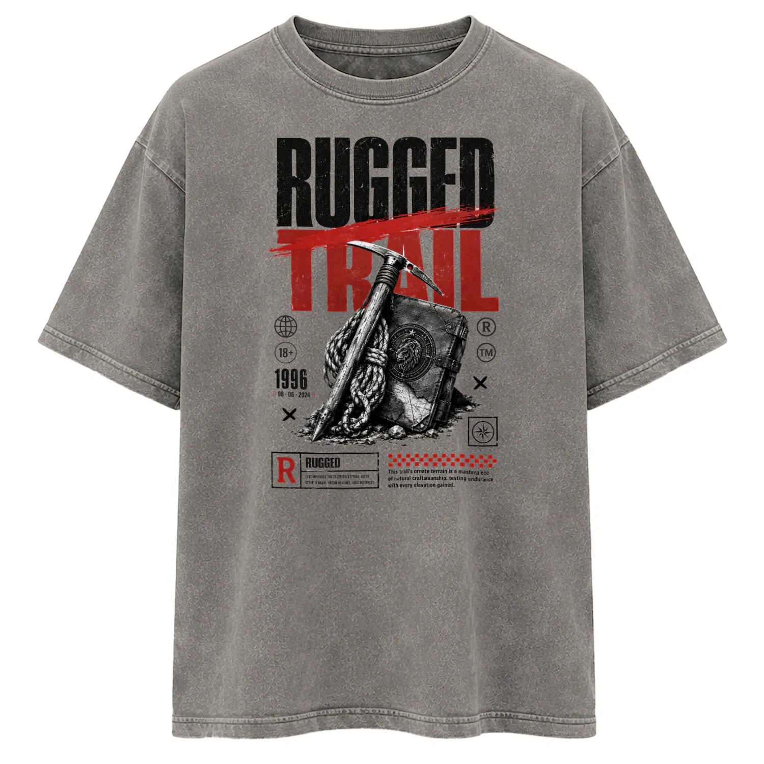 Rugged Trail Graphic Tee | Ice Axe & Lion Emblem Journal Design | Movie Poster Style Outdoor Shirt