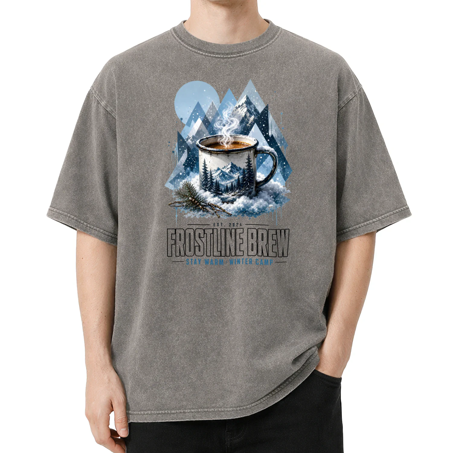 Frostline Brew Winter Camping Graphic Tee | Stay Warm Snowy Mountain Mug Shirt | Est. 2024