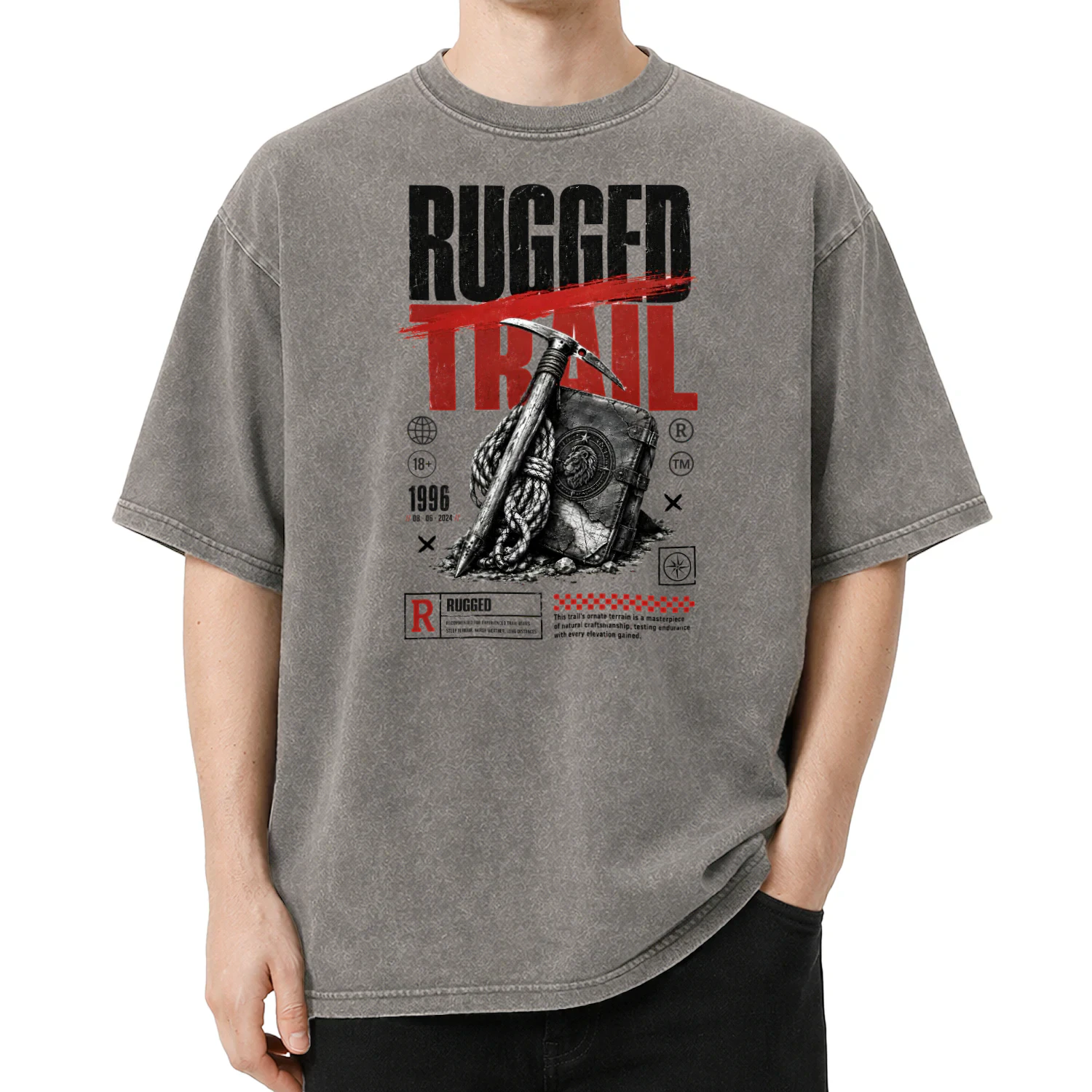 Rugged Trail Graphic Tee | Ice Axe & Lion Emblem Journal Design | Movie Poster Style Outdoor Shirt