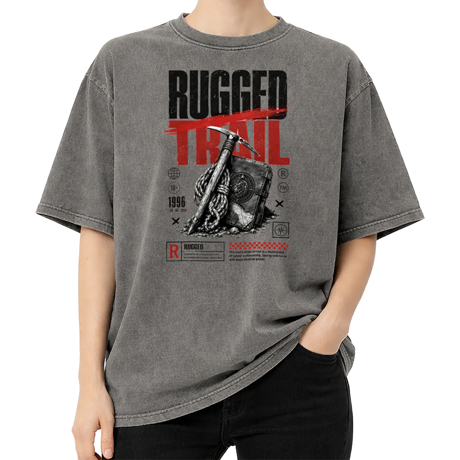 Rugged Trail Graphic Tee | Ice Axe & Lion Emblem Journal Design | Movie Poster Style Outdoor Shirt