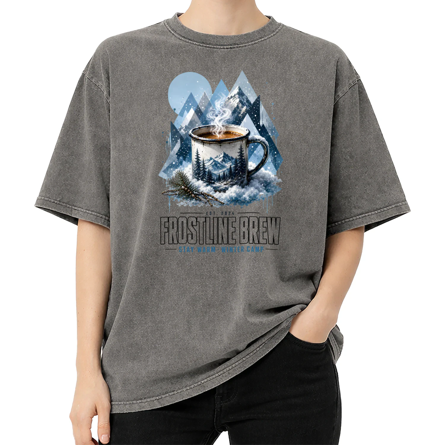 Frostline Brew Winter Camping Graphic Tee | Stay Warm Snowy Mountain Mug Shirt | Est. 2024