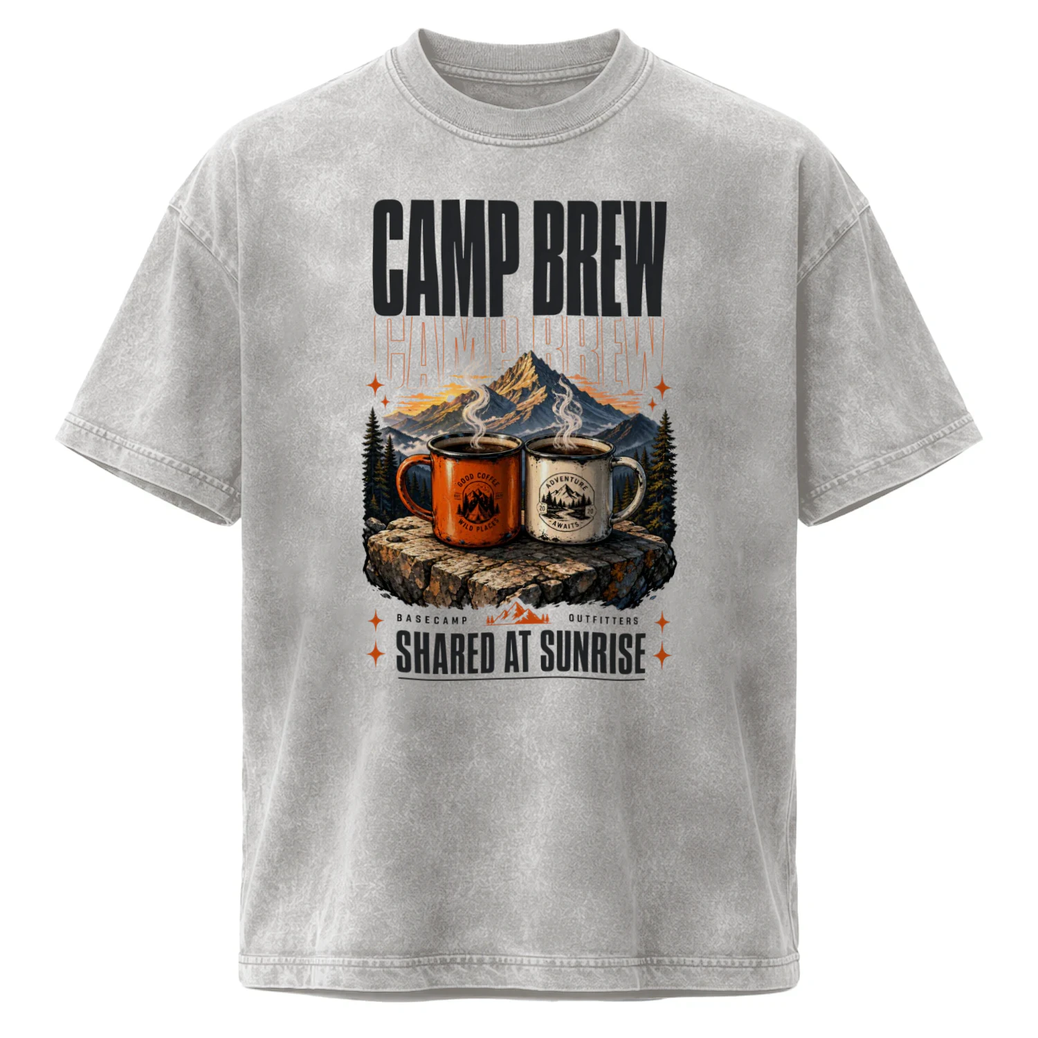 Camp Brew Shared At Sunrise Graphic Tee | Basecamp Outfitters Two Mugs Mountain Shirt
