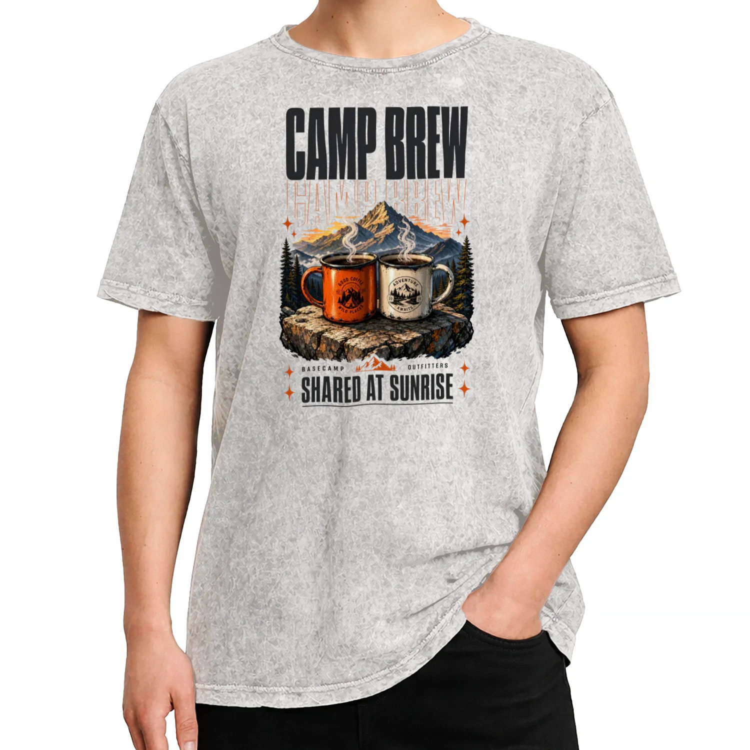 Camp Brew Shared At Sunrise Graphic Tee | Basecamp Outfitters Two Mugs Mountain Shirt