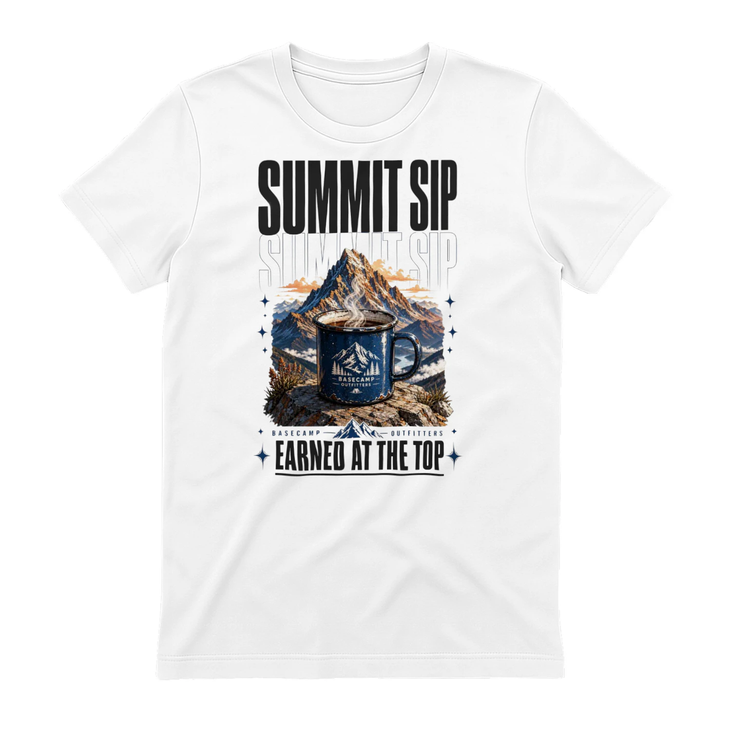 Summit Sip Coffee Mug Graphic Tee | Basecamp Outfitters Mountain Shirt | Earned At The Top Hiking Gift