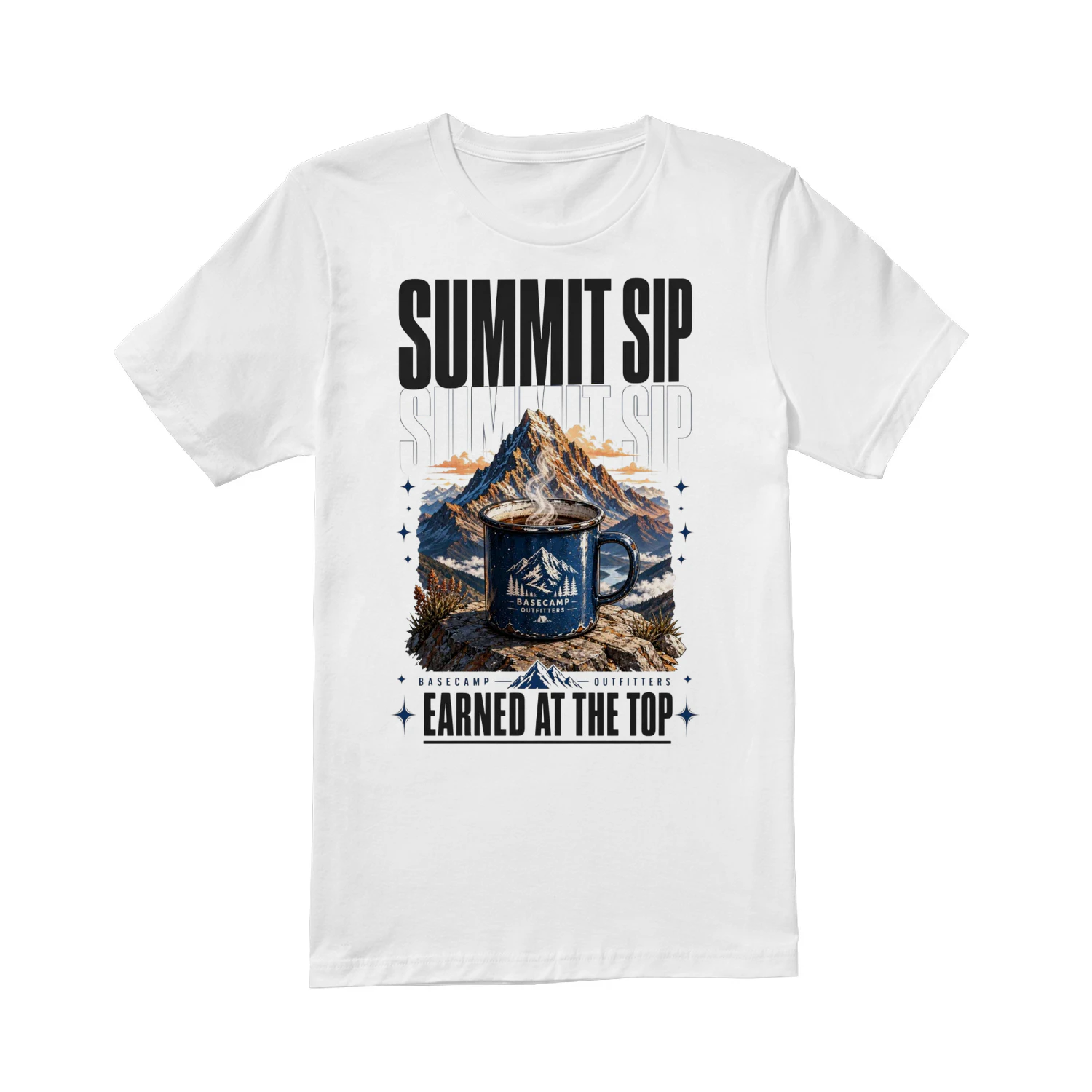 Summit Sip Coffee Mug Graphic Tee | Basecamp Outfitters Mountain Shirt | Earned At The Top Hiking Gift