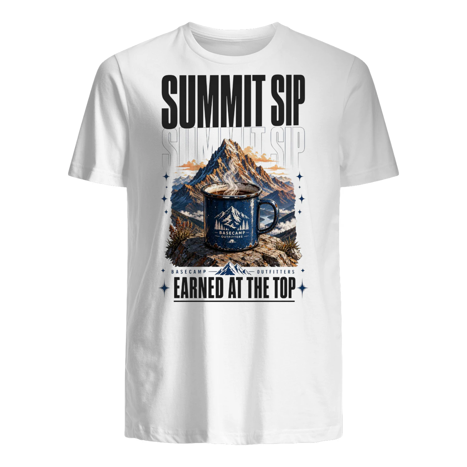 Summit Sip Coffee Mug Graphic Tee | Basecamp Outfitters Mountain Shirt | Earned At The Top Hiking Gift