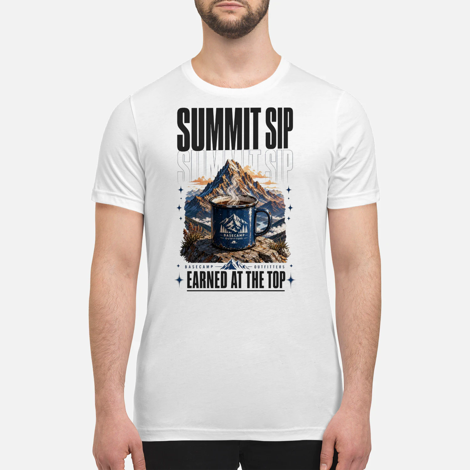 Summit Sip Coffee Mug Graphic Tee | Basecamp Outfitters Mountain Shirt | Earned At The Top Hiking Gift