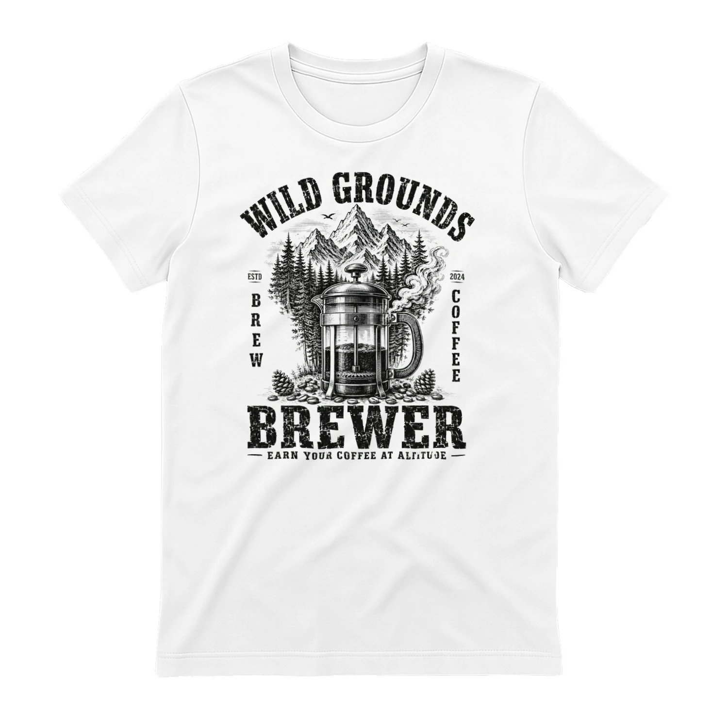 Wild Grounds Brewer T-Shirt Graphic – Vintage Mountain French Press Coffee Design