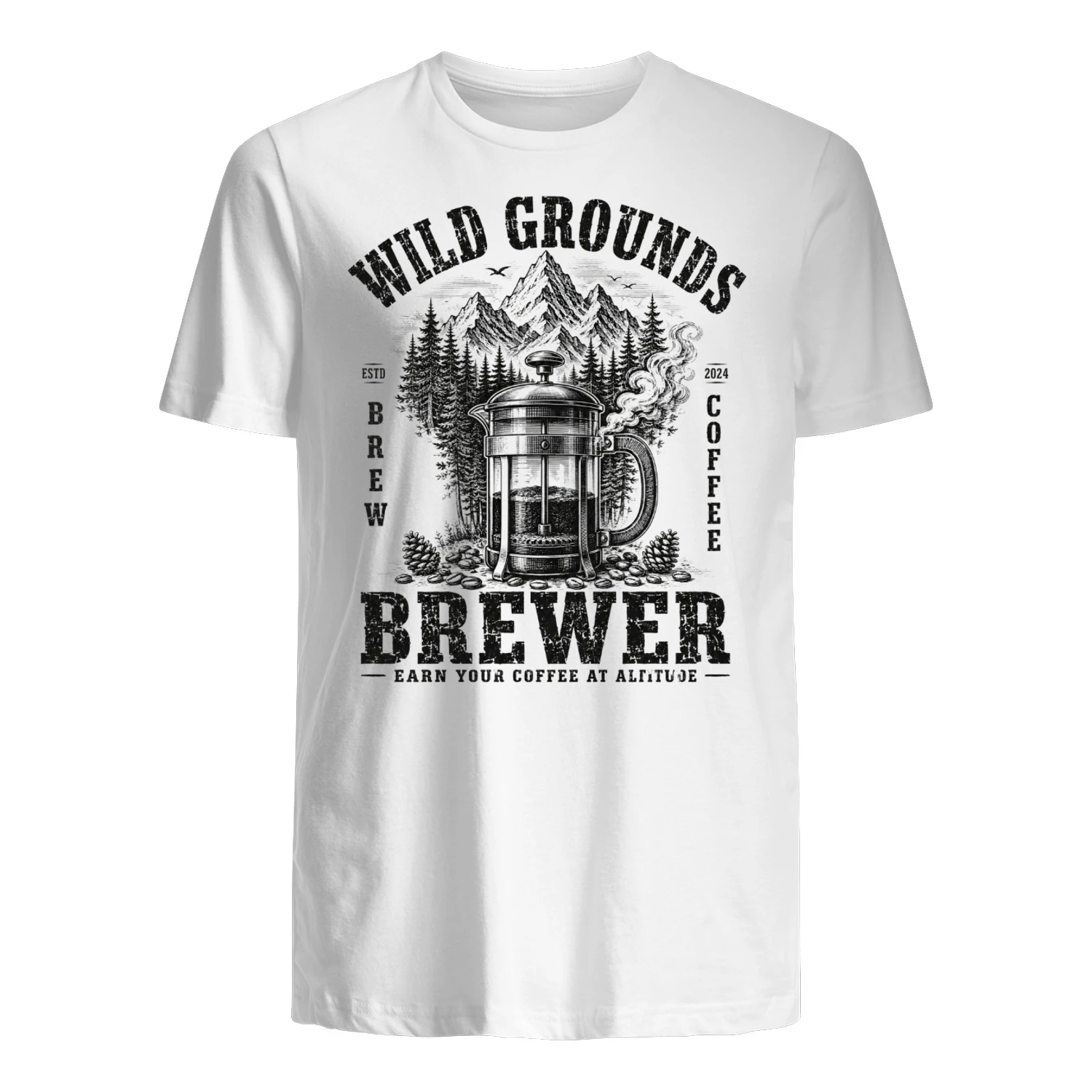Wild Grounds Brewer T-Shirt Graphic – Vintage Mountain French Press Coffee Design