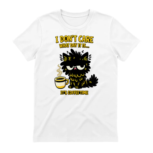 I Don’t Care What Day It Is Shirt – Funny Tired Cat Coffee Tee, Sarcastic Cat Lover Gift, Morning Humor Apparel