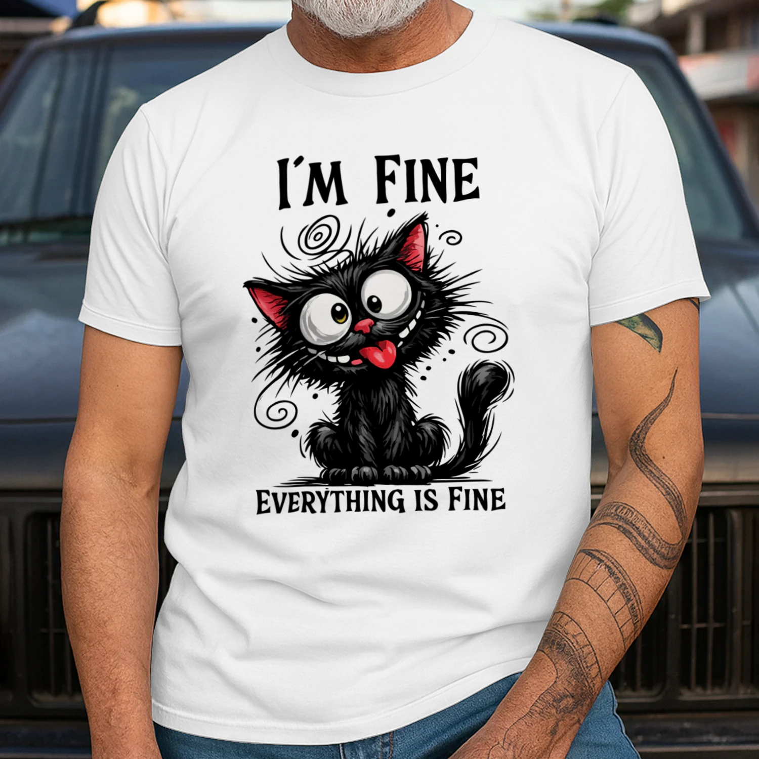 Funny Black Cat T‑Shirt – Cute Cartoon Cat with Silly Face – Humorous Pet Lover Tee for Cat Moms & Cat Dads – Cute Animal Graphic Shirt