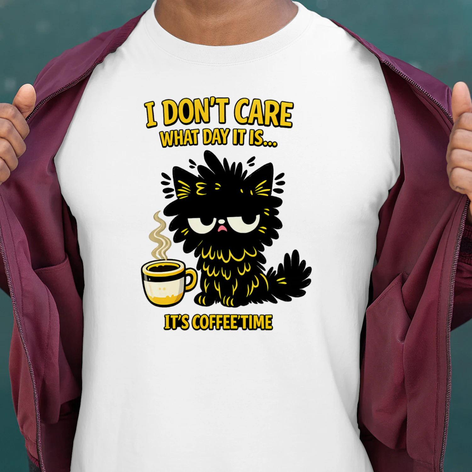 I Don’t Care What Day It Is Shirt – Funny Tired Cat Coffee Tee, Sarcastic Cat Lover Gift, Morning Humor Apparel