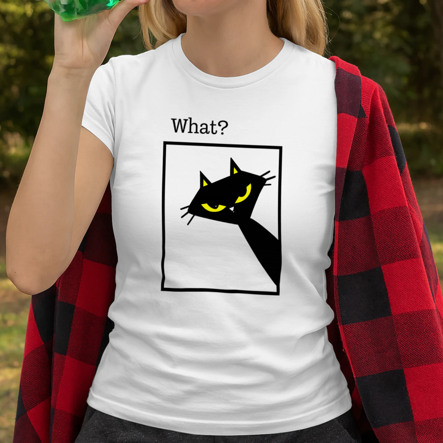 What Cat Shirt – Funny Black Cat Meme Tee, Sarcastic Cat Lover Gift, Bold Yellow Eyes Graphic