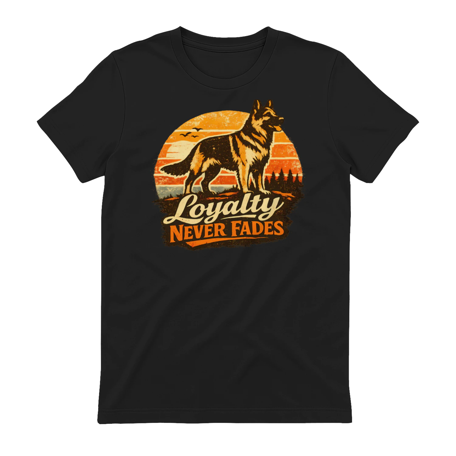 Loyalty Never Fades German Shepherd T-Shirt – Retro Sunset K9 Graphic Tee, Dog Lover Gift for Men