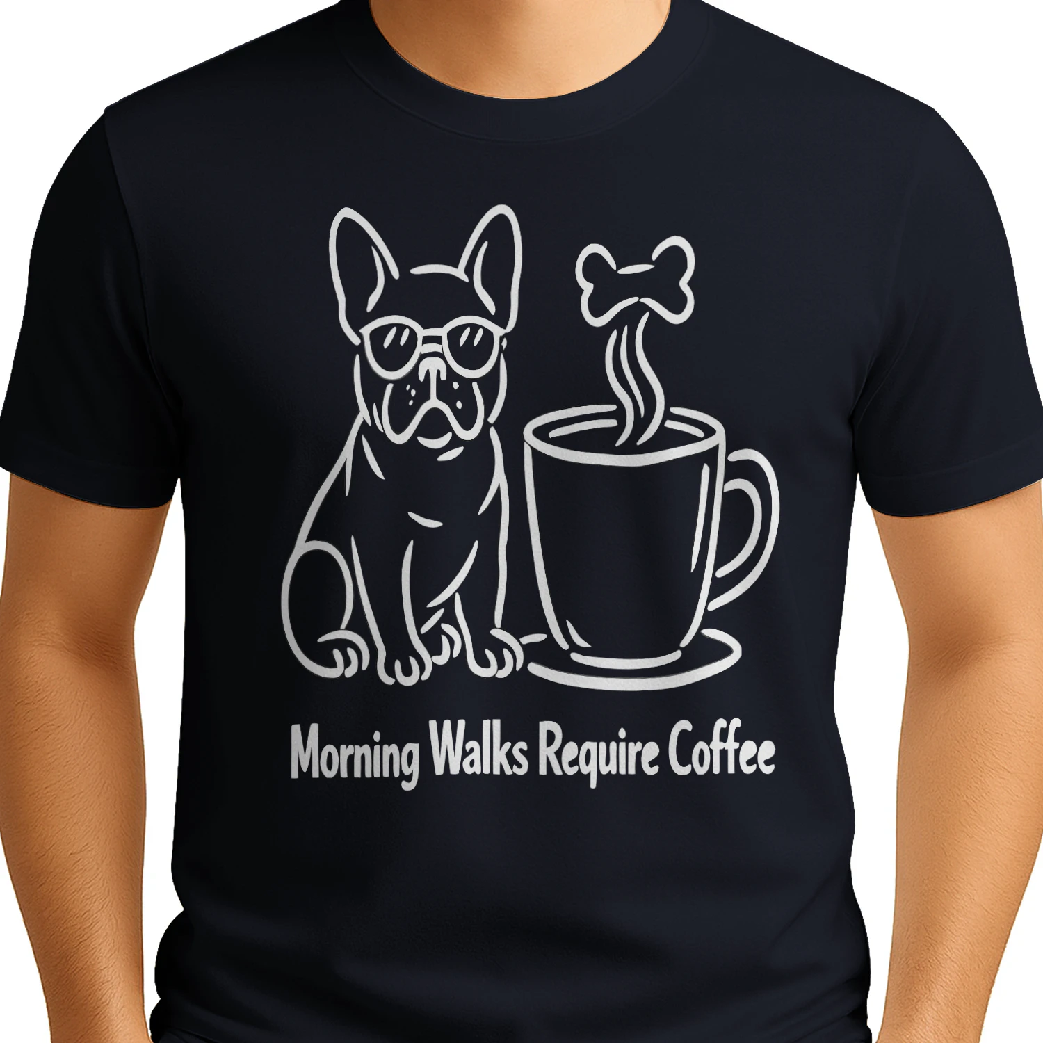 Morning Walks Require Coffee French Bulldog Shirt – Funny Minimalist Dog Lover Tee, Frenchie Mom Gift, Coffee Addict Apparel