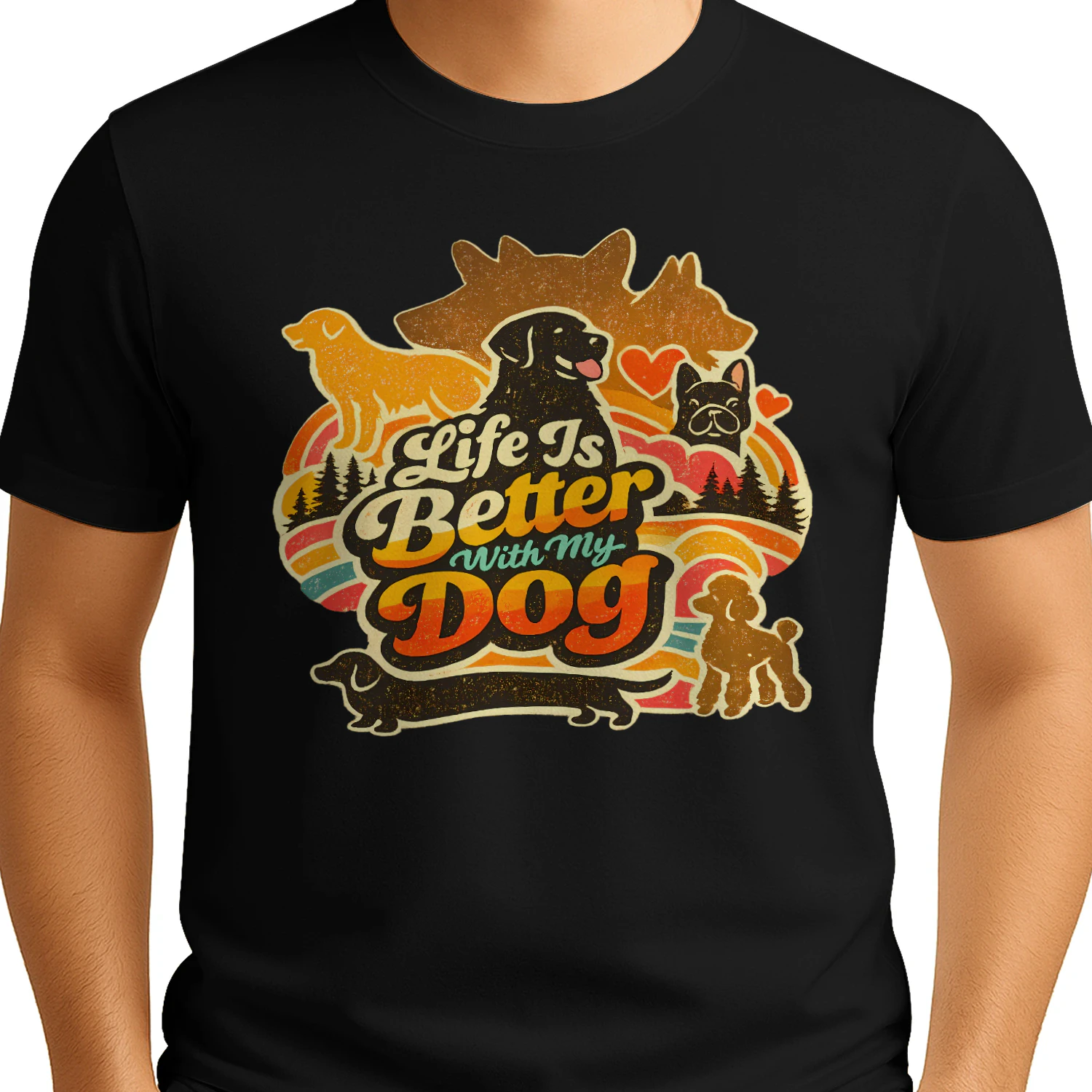 Life Is Better With My Dog T-shirt – Retro Sunset Multi-Breed Dog Lover Tee, Vintage Outdoor Pet Parent Gift